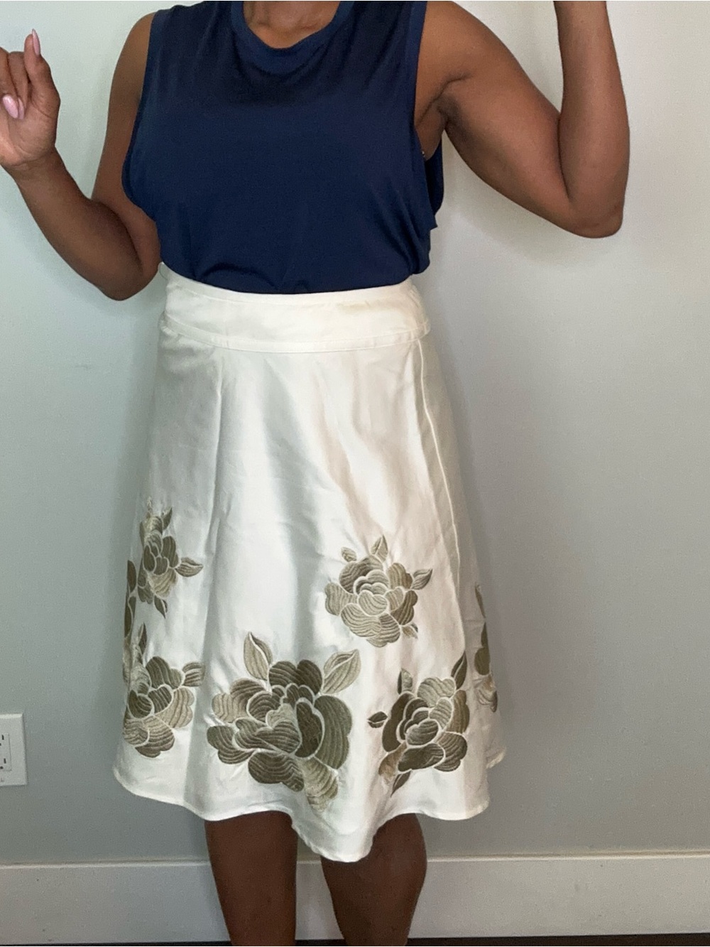 INC International Concepts Cream A-Line Skirt with Gold Floral Embroidery